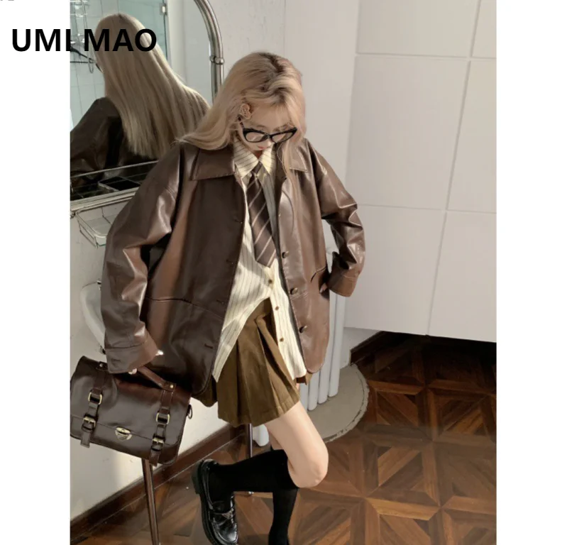 

UMI MAO Korean Brown Small Fragrant Style Leather Jacket Women Autumn New Retro Collar Long Sleeved Loose Motorcycle Jacket Top