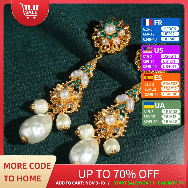 

Baroque Style Pearl Earrings Freshwater Water Drop Dangle Charm Long Gold Color Rhinestones Woman Accessories Vintage Jewelry