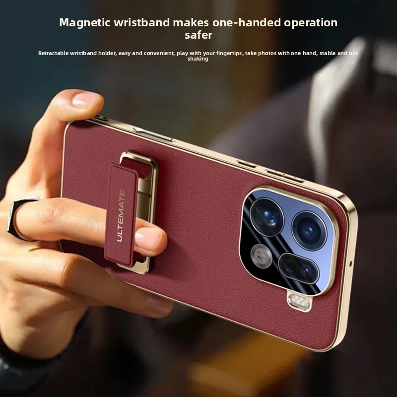 Funda para OPPO Find X9 Pro, soporte de pulsera de cuero liso de alta gama, cubierta completa galvanizada, cubierta anticaída para Find X9 Funda