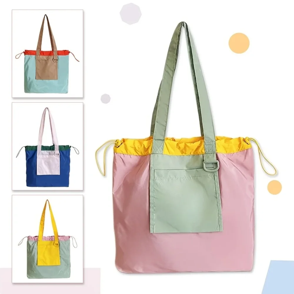

Foldable Nylon Shoulder Bag Patchwork Colored Pocket Handbag Large Capacity Drawstring Tote Bag Travel
