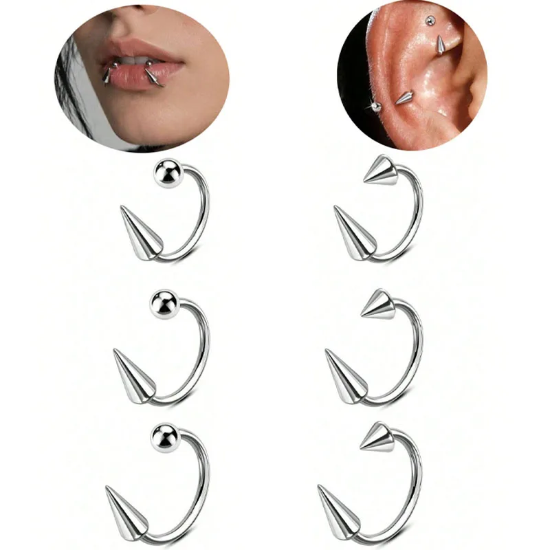 3/6Pcs Stainless Steel Snake Bites Lip Piercing Jewelry Lip Rings, Hypoallergenic Horseshoe Long Short Spike/Ball Labret Rings