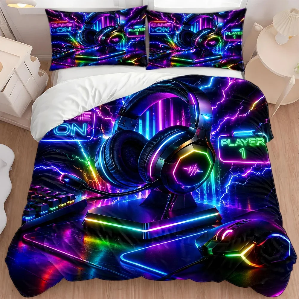 3Pc E-Sports Neon Style Duvet Cover Set, Three-Piece Bedding Set (1*Duvet Cover + 2*Pillowcases), Suitable for All Seasons, Machine Washable, Invisible Zipper Design, Suitable for Home, Dormitory, Master Bedroom, Guest Room, Large Double Bed Cover Set, Colorful Gaming-Themed Bedding, E-Sports Themed Bedding Set, Trendy Bedroom Decor Bedding, Comfortable and Skin-Friendly Bedding Set, Bedding Set with 2D Flat Print