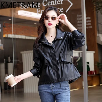 Kmestram เสื้อแจ็คเก็ตสำหรับผู้หญิงหนังแกะแท้ใหม่เสื้อผ้าสตรีฤดูใบไม้ผลิฤดูใบไม้ร่วงเสื้อโค้ทสั้นบางเข้ารูป2024 jaqueta couro