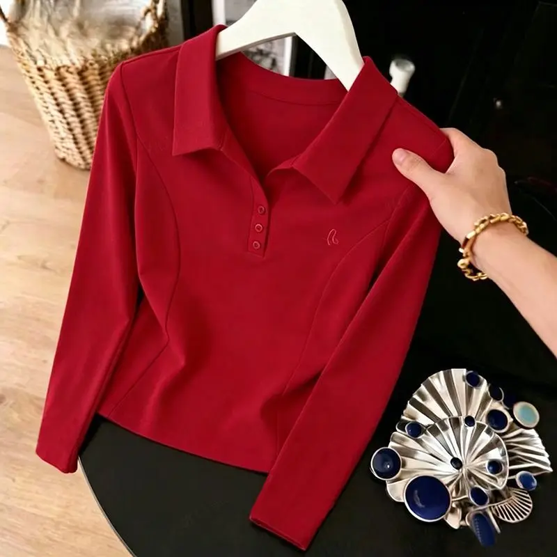 Women's Long Sleeve Polo Shirt Autumn Slim Fit Lapel Collar Office Commute Chic Casual T-Shirt Versatile Top