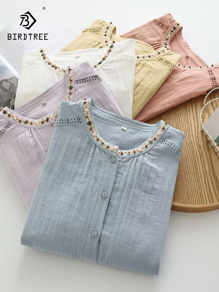 

New 2026 Summer Women Cotton Yarn Half Sleeve Shirt, O Neck Embroidery, Mori Girl Preppy Style Soft Thin Loose Blouse T66552CC