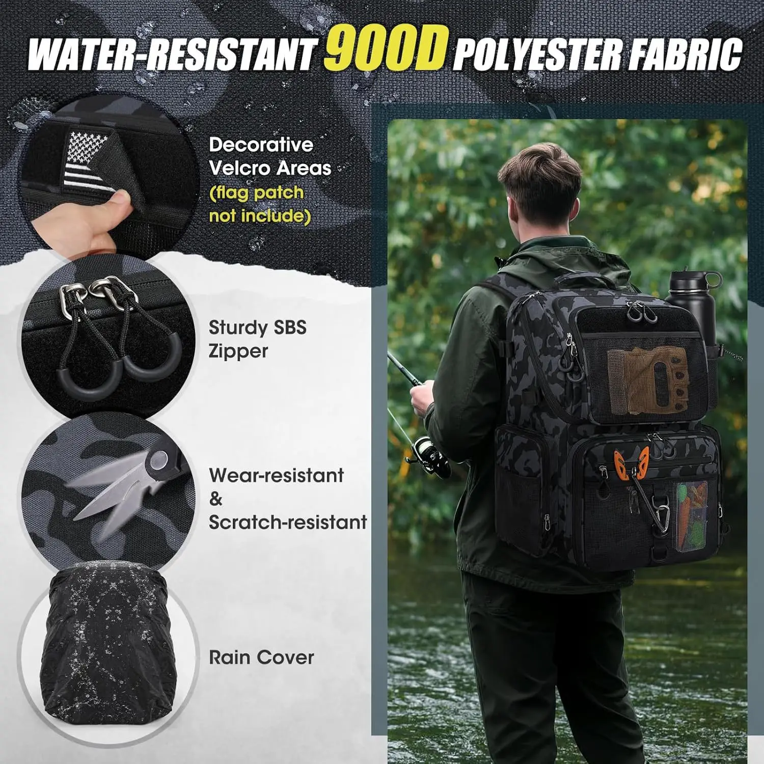 حقيبة صيد السمك المقاومة للماء ذات سعة كبيرة وحقيبة كتف متعددة الوظائف مع حامل قضيب، حقيبة معدات صيد الأسماك الرياضية الخارجية