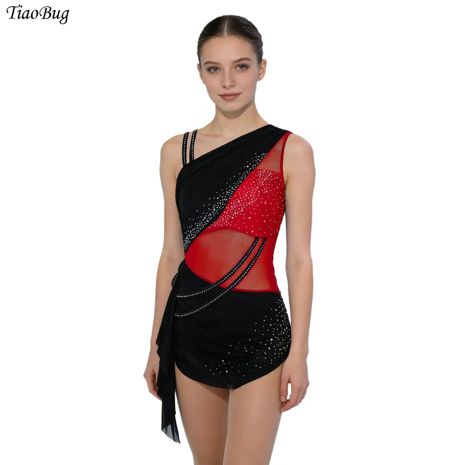 

Women Asymmetrical Shoulder Dance Leotard Gymnastics Ballet Jersey Color Block Figure Skating Bodysuit Rhinestone Latin Jumpsuit