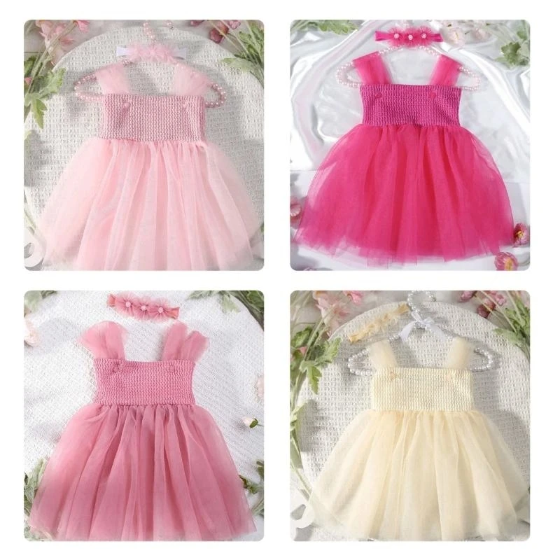 J15U فستان تول جميل لحديثي الولادة بتصميمات دقيقة فستان تول لحفلات حديثي الولادة مع عصابة رأس أنيقة مريحة للصور #5