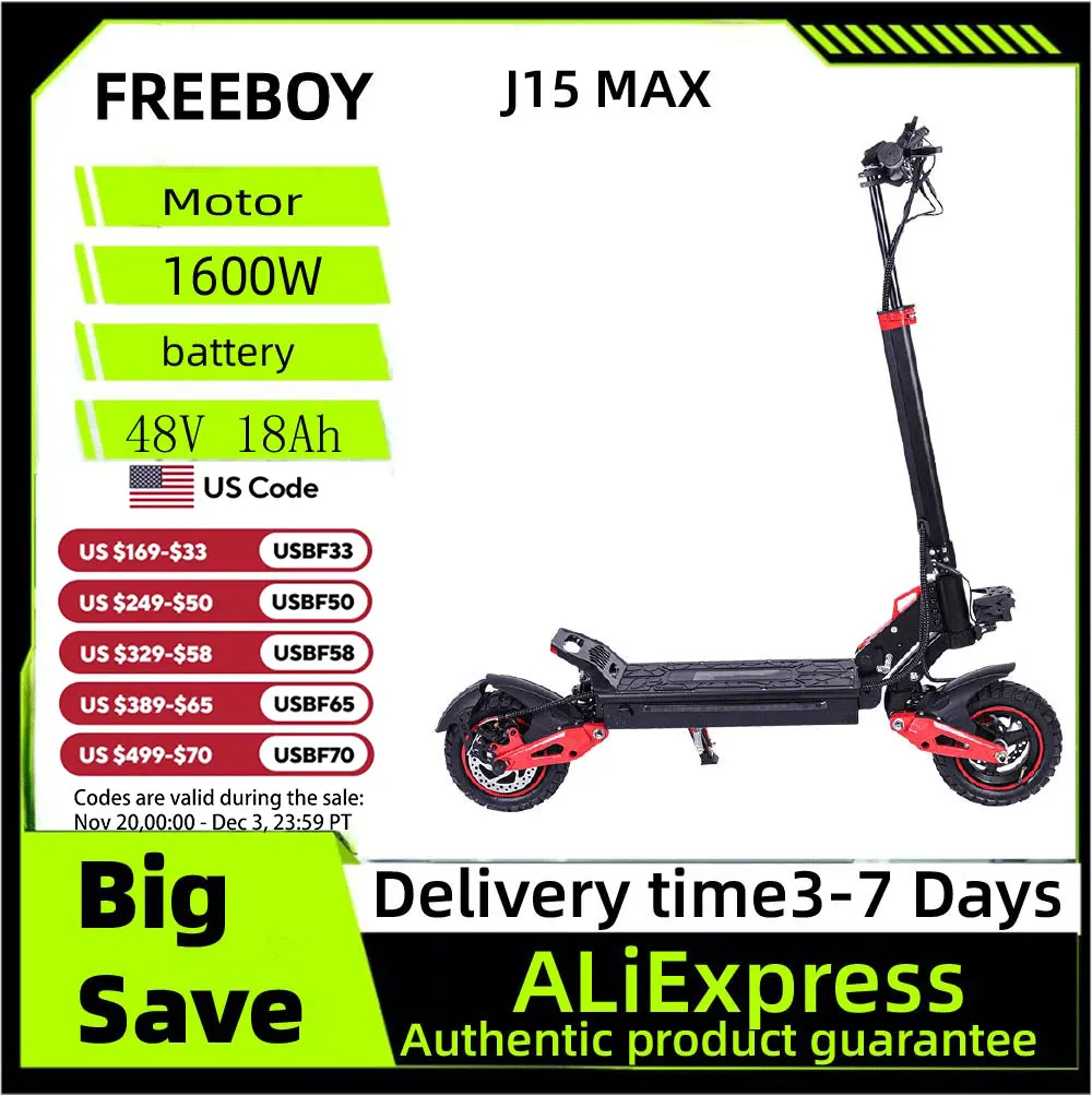 

FREEBOY J15 MAX Adult Electric Scooter 1600W Motor 48V 18AH Folding E-Scooter 10 Fat Tire E-Mountain Scooter