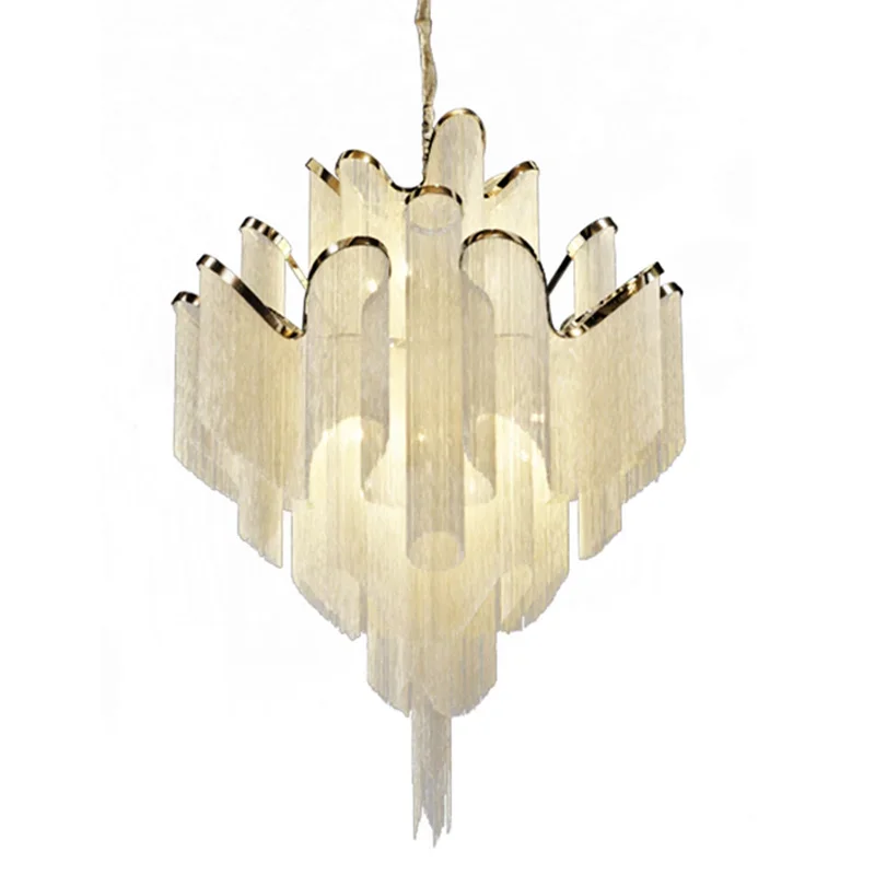 

Luxury Chandelier Fringed Pendant Lamp Aluminium Chain Stair Silver Gold Ceiling Light for Home Hotel Decoration Hanging Lamp