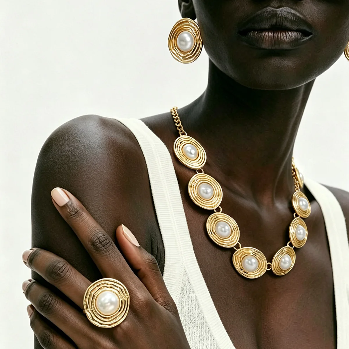 Abstract Ripple Ring Disc Faux Pearl Choker Necklace Match Earrings Ring Set Modern Chic Runway Accent Statement Jewelry Women