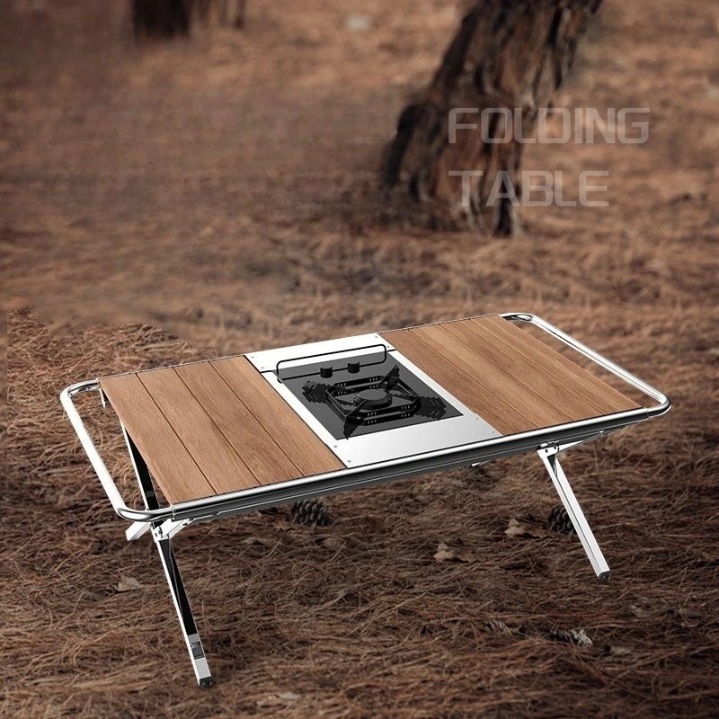 Outdoor Camping Aluminum Folding Table, Multifunctional Portable Roll-Up Table with Stove Slot for BBQ, Picnic and Camping Use