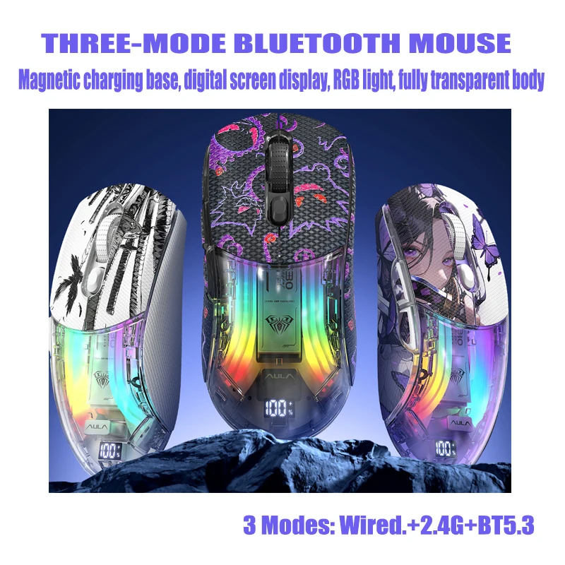 

Mouse gamer gaming souris sem fio wireless bluetooth+2.4G para jogos myszka gamingowa raton rechargeable Transparent white pink