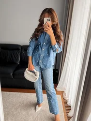 HH TRAF Autumn Women's Denim Casual Shirt Fashion Faux Pearl Loose Blouses Button Down Long Sleeve Jean Jacket Versatile Top