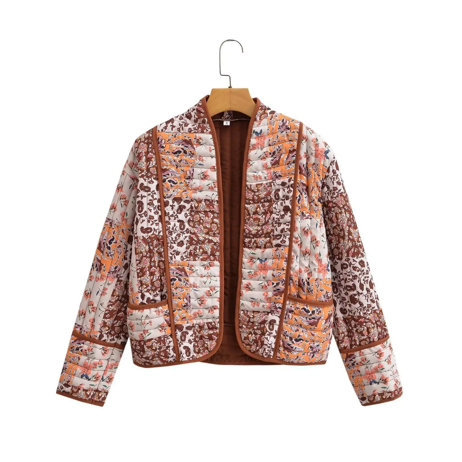 Women Patchwork Floral Quilted Jacket Open Front Long Sleeve Vintage Boho Print Lightweight Padded Cardigan Coat with Pockets
