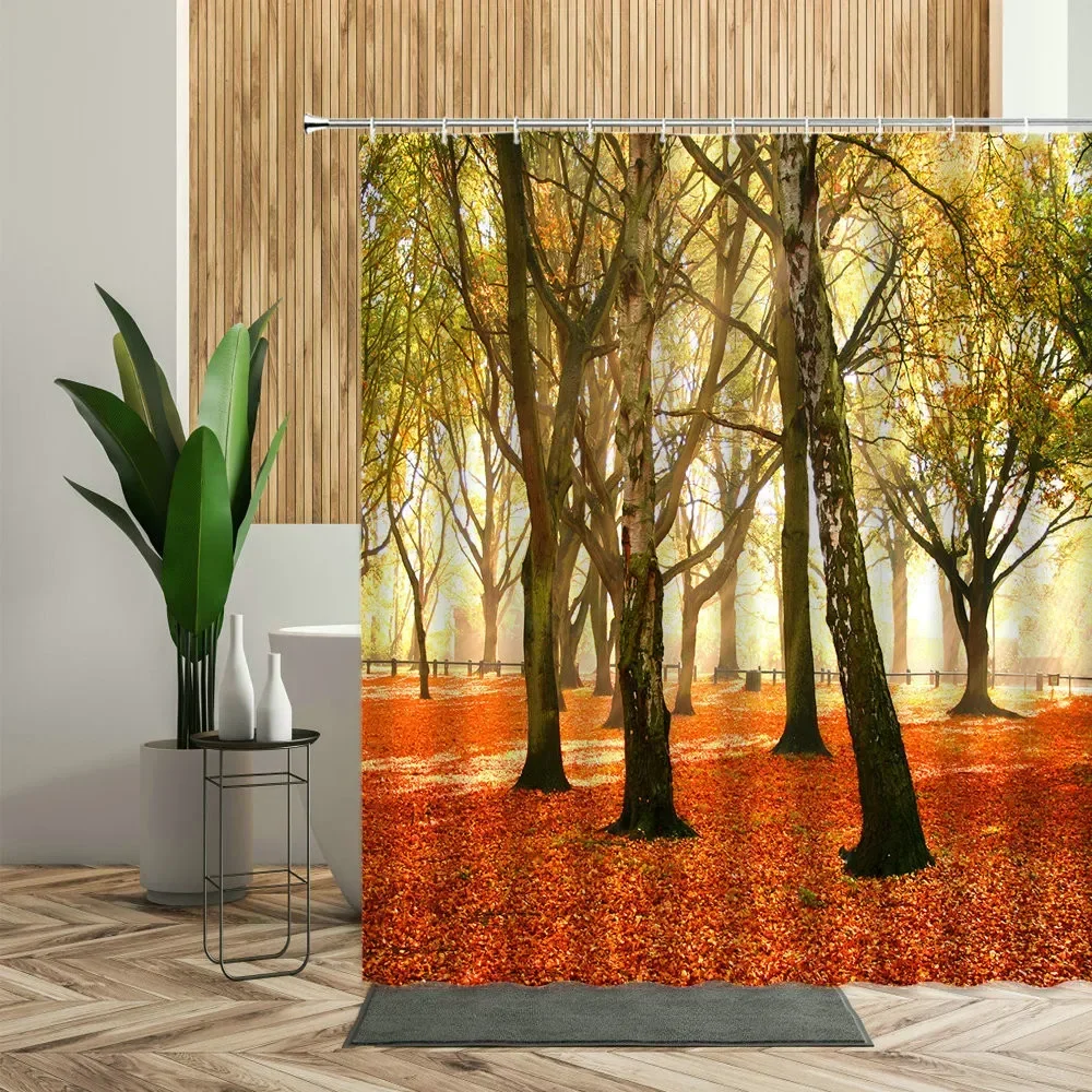 Forest Maple Tree Shower Curtain Waterfall Jungle Autumn Nature Orange Leaves Bathroom Decor Bath Curtains Home Decoration Cheap