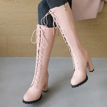 紅色女士過膝長靴 2025 冬季鞋履 繫帶 白色 黑色 馬靴 粗跟鞋 女鞋 大尺碼 45 48 8 最佳銷售 紅色短靴 - №8