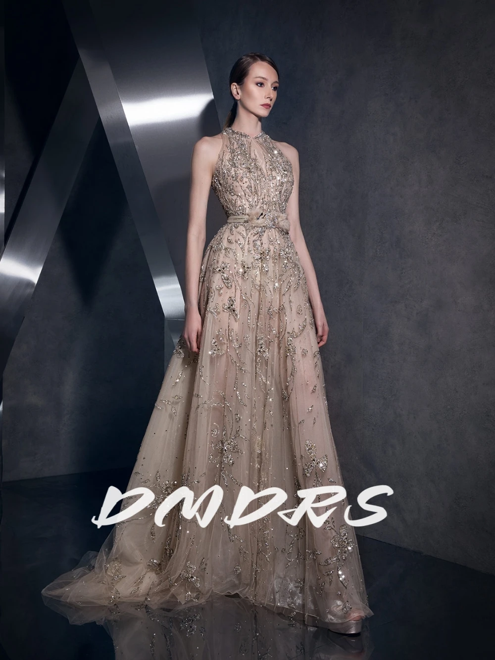 Embroidered Sheer A Line Evening Dress Exquisite Beads Shimmering Sleeveless Party Customized Floor-length Charming Prom Gown