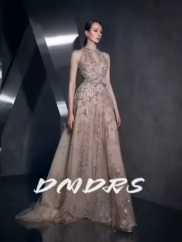 Embroidered Sheer A Line Evening Dress Exquisite Beads Shimmering Sleeveless Party Customized Floor-length Charming Prom Gown
