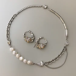 Brass With White Gold Real Pearl Zircon Layered Chain Necklaces Women Jewelry Punk Party T Show Designer Club Ins Japan Korean