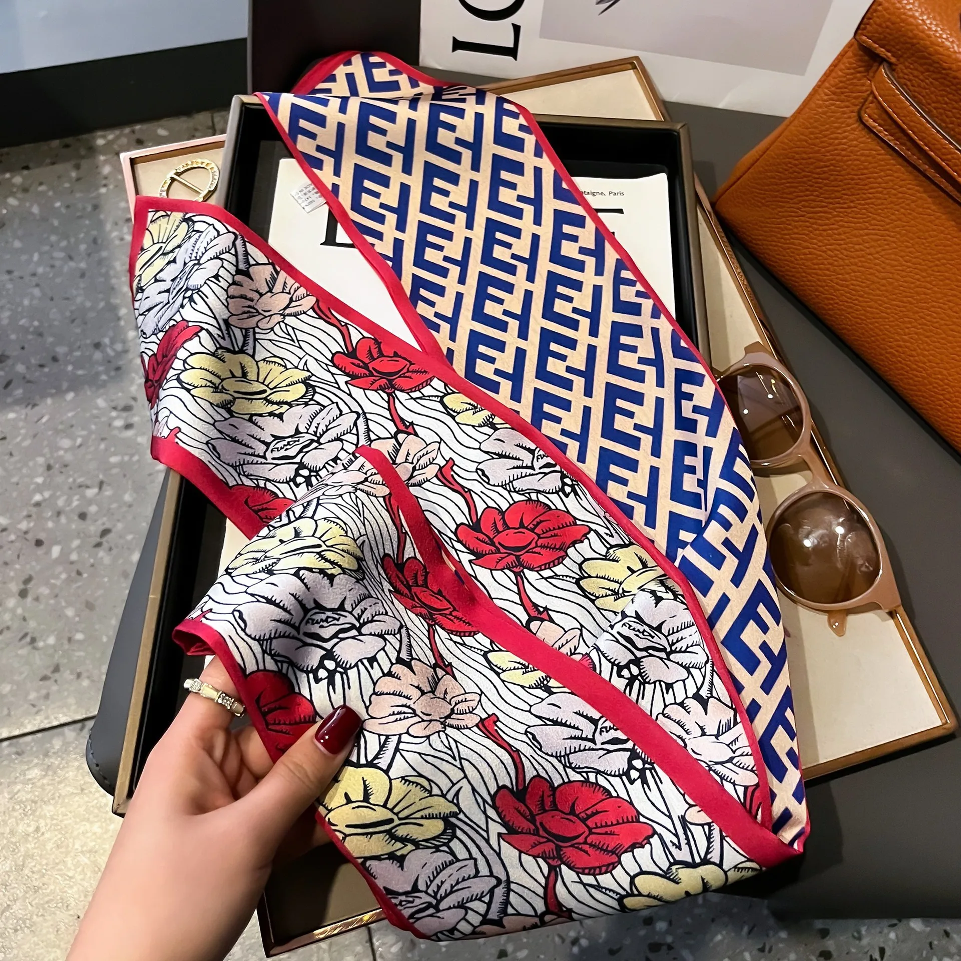 1pcs Fashion Long Silk Scarf For Women Letter Hair Ribbons Headbands Bandana Female Bag Wrist Wrap Neckerchief Foulard Neck Ties