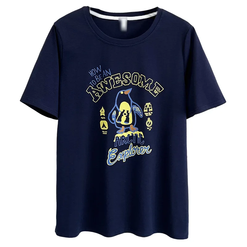 

Летний топ весом 100 кг, новая стильная и молодежная женская повседневная футболка с короткими рукавами и пингвином больших размеров, 6245