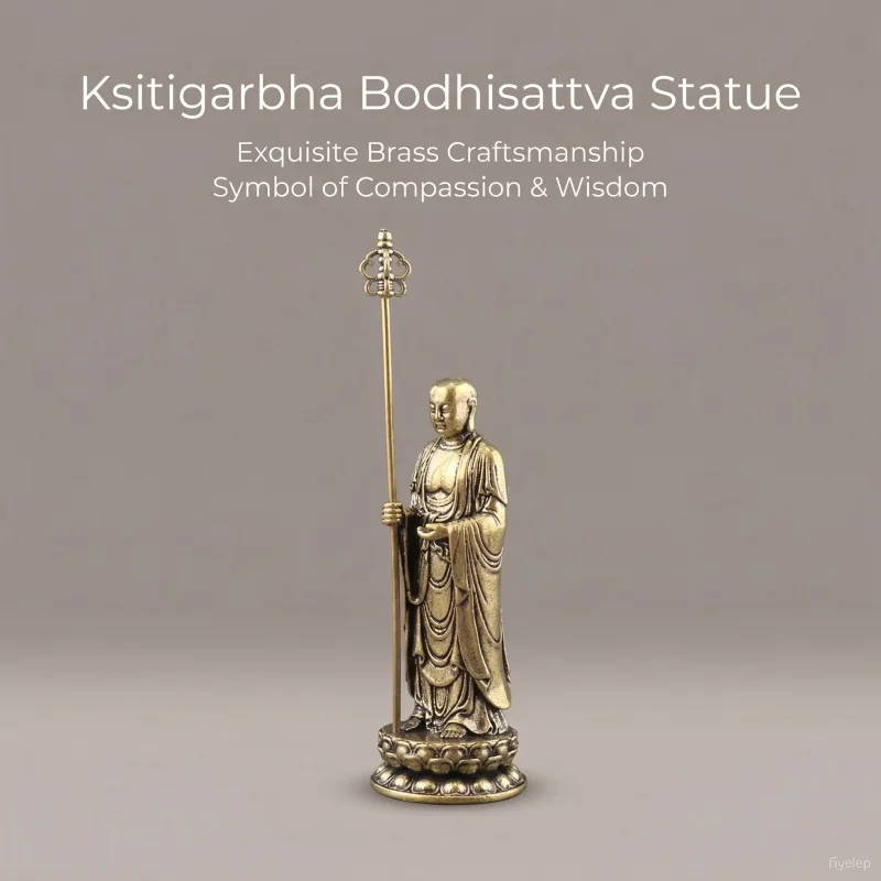 Sacred Serenity Dizang King Bodhisattva Statue, Masterfully Carved Antique Brass Home Fengshui Decoration Masterfully