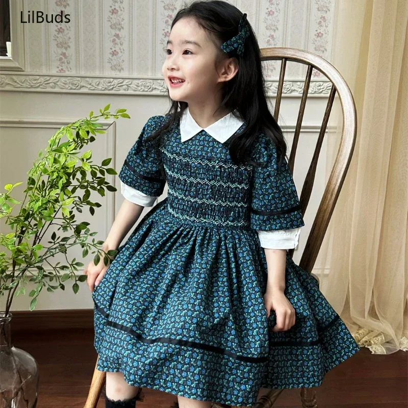 2024 Baby Kid's Vintage Blue And Green Floral Clothes Princess Elegant Handmade Embroidery Girl's Mid-Sleeve Dress Costumes