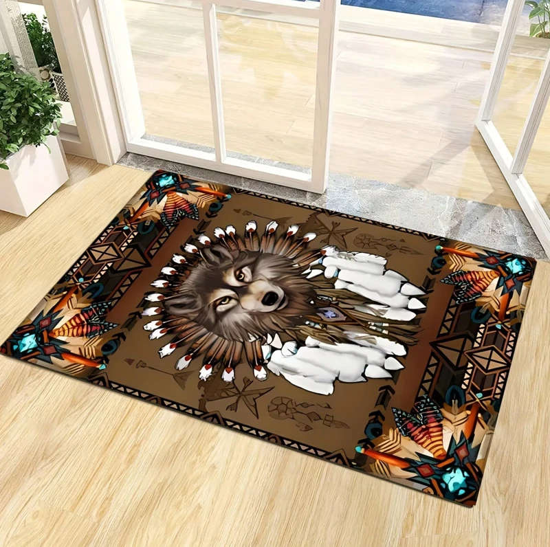New Arrival Dazzling Bold Tribal Wolf Mat: Ethnic Headdress Decor Wolf Design Soft Non-Slip Rug for Entryway & Living Room