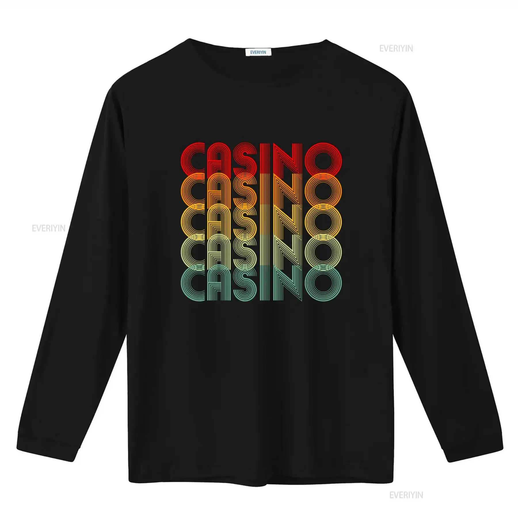 Retro Casino Style T Shirt with Bold Colorful Typography Design for Gambling Poker Texas Holdem Slots Lucky Sevens Card Games
