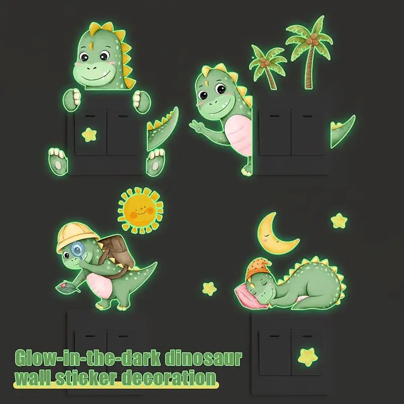 Glow-in-the-dark Dinosaur, Sun, And Moon Light Switch Stickers For Bedroom And Living Room Decorative Walls.