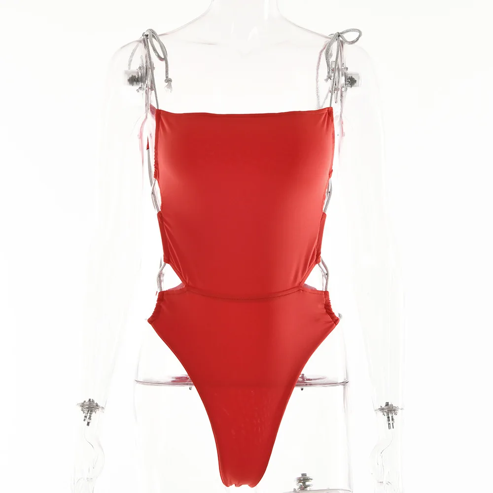 Traje de baño con tirantes finos de Color sólido, traje de baño Sexy de verano para chica caliente con espalda calada, traje de baño de una pieza adelgazante de corte bajo