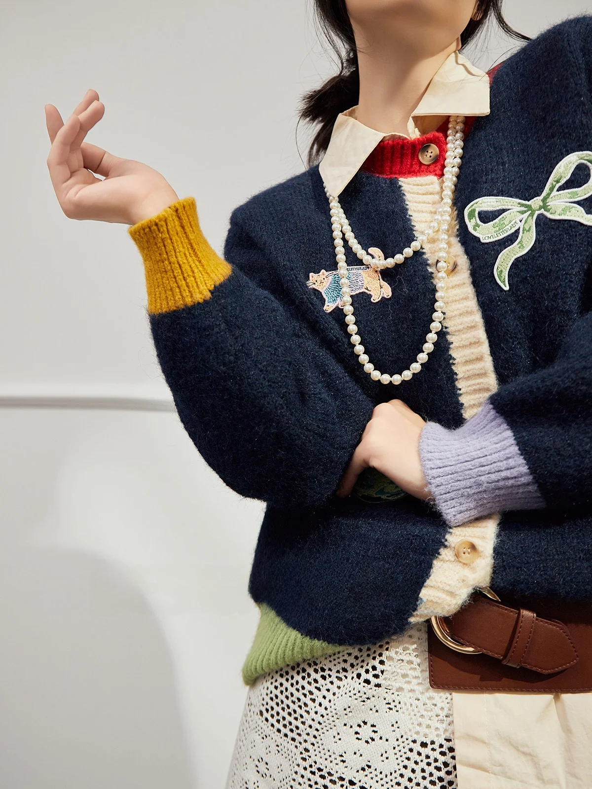 

U×LAB Women's Velvet Blue Knitted Sweater round Ne Commute Sle Autumn New Arrival Color Blo Knitwear Coat