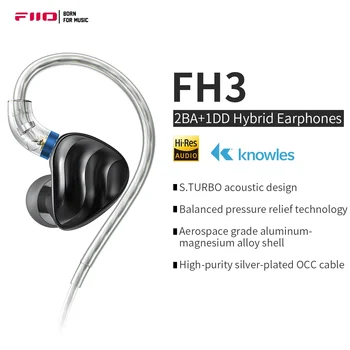 FiiO 합금 쉘 MMCX 커넥터 포함 인이어 이어버드, 베릴륨 도금 다이나믹 하이브리드 드라이버, FH3 2BA + 1DD Knowles