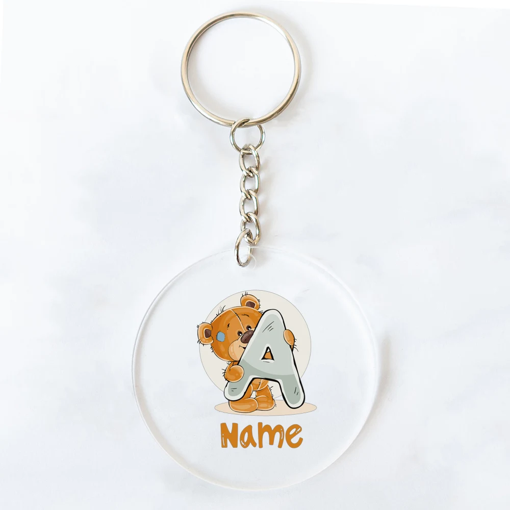 Personalised Cartoon Bear with Name Keychain Pendant Acrylic Key Chain Key Ring School Bag Hanging Accessories Gift for Kids