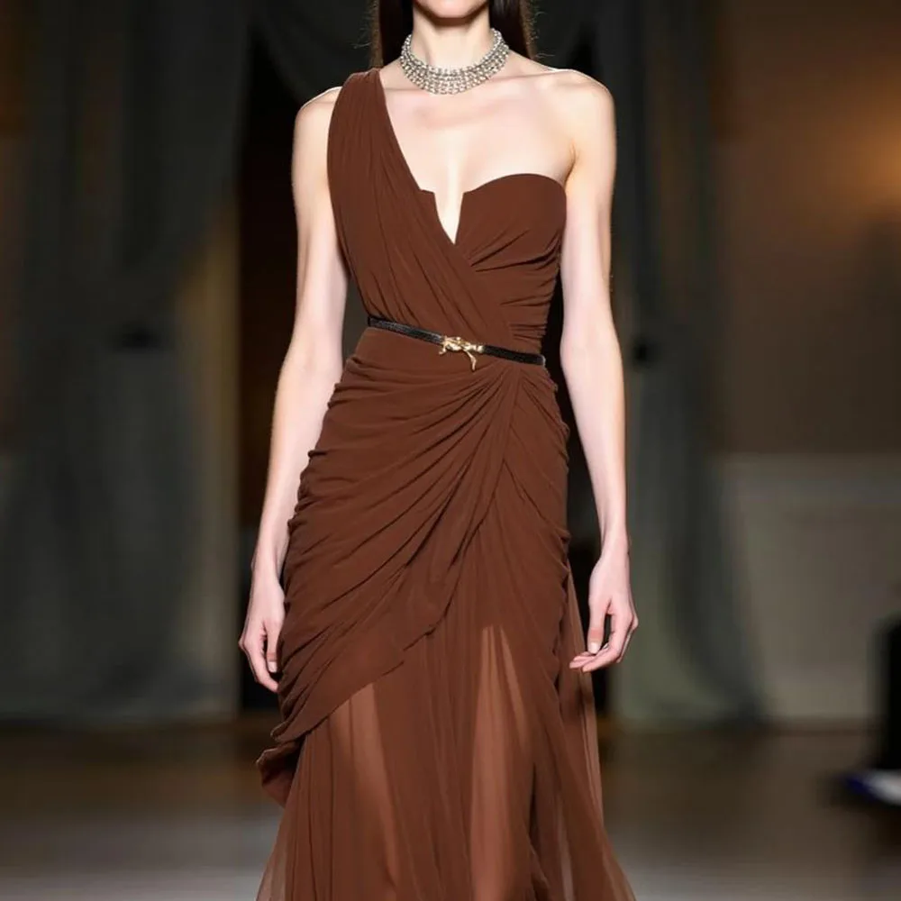 Customized Flowy Chiffon Wedding Guest Dresses One Shoulder Draped Long Prom Dress Brown فساتين سهرة فاخرة