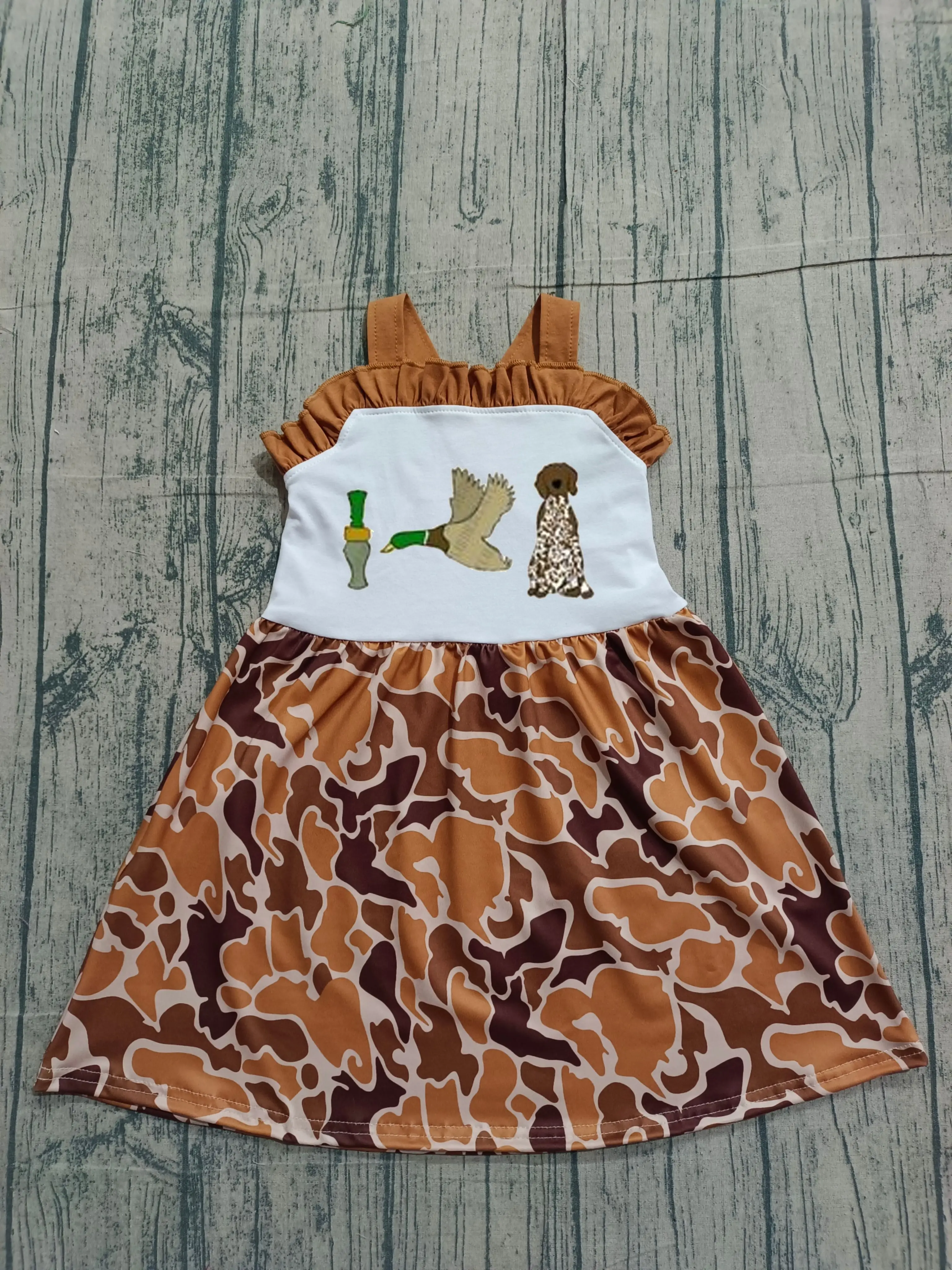 Wholesale Baby Girl Embroidery Dress Infant Toddler Girls Camo Clothing Kids Children Sleeveless Dog Duck Ruffle Dresses
