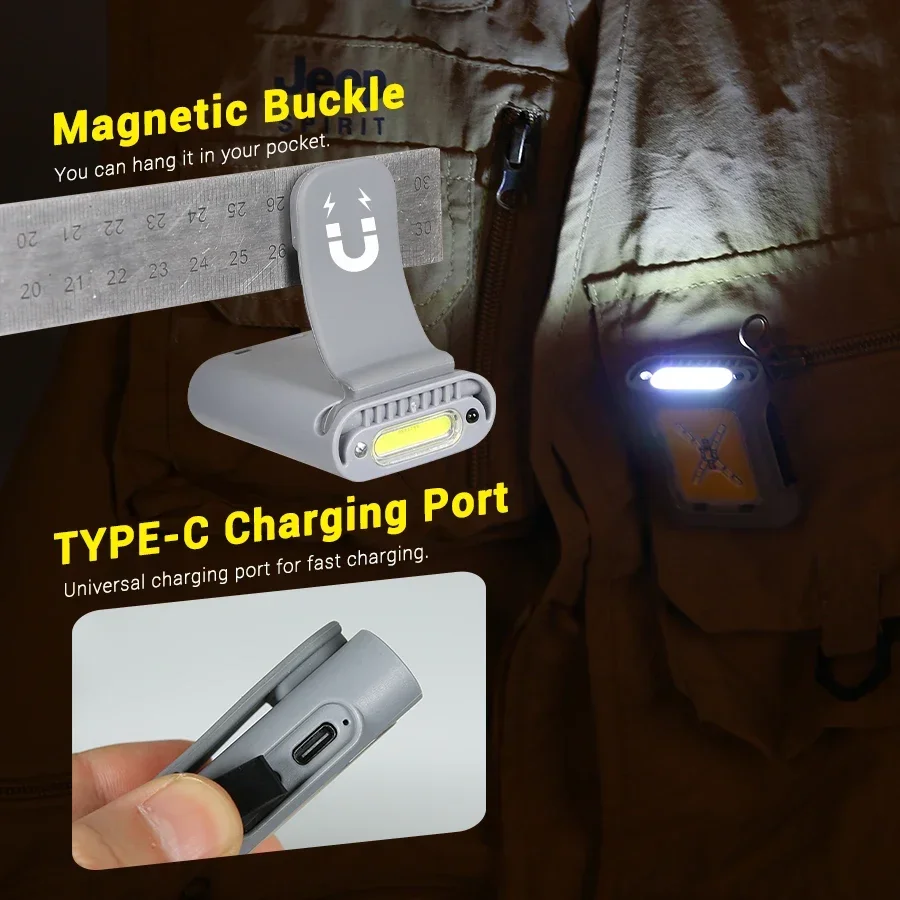 Mini lampada frontale a LED Lampada da campeggio portatile COB Torcia ricaricabile USB con clip Lampada magnetismo di emergenza esterna a 7 modalità