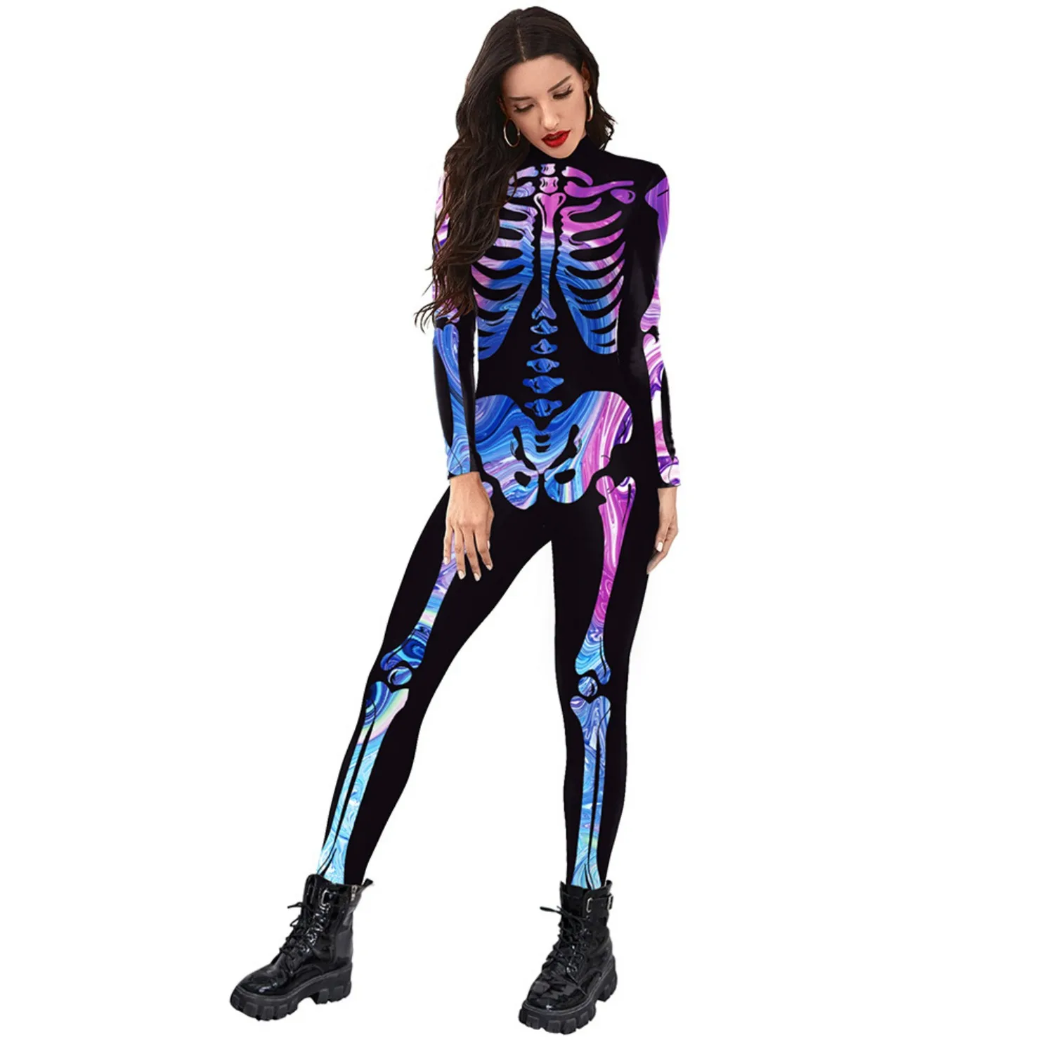 Skeleton Printing Bodysuit Fashion Printed Role Play Show Outfit Long-sleeved Leotard Coveralls Stage Performance Costumes