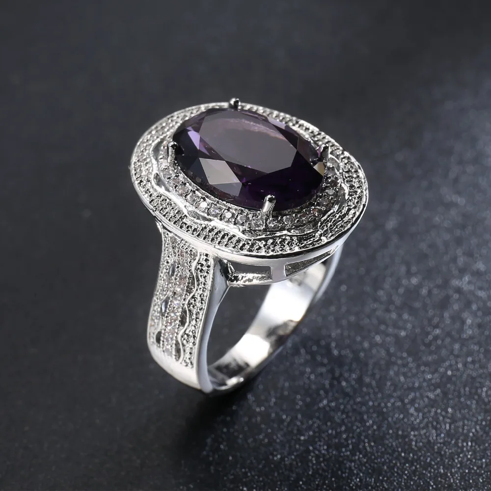 Classic Silver Female Girl Big AAA Purple Crystal CZ Stone Ring Wedding 925 Sterling Silver Rings Promise Engagement Ring