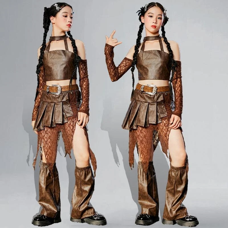

Children Girl Hip Hop Dance Costumes For Girls Lace Sleeve Leather Top Skirts Suit Fashion Jazz Dance Festival Stage Clothes
