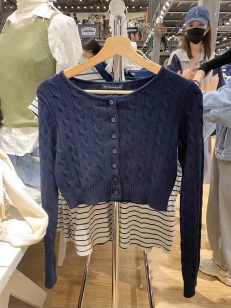 

Simple Retro Solid O-neck Knit Cardigan Women Autumn New Cotton Casual Streetwear Slim Cropped Sweaters Vintage Sweet Y2K Jumper