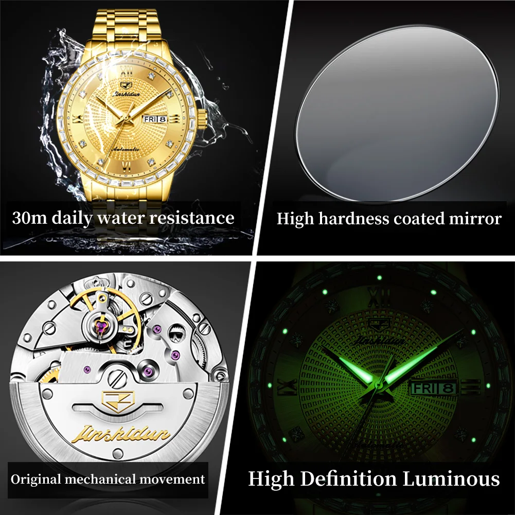 Мужские часы JSDUN 8959, модные трендовые часы с двойным календарем и римскими шкалами, алмазные часы, роскошные брендовые автоматические механические мужские часы