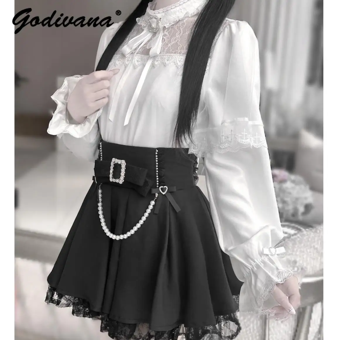 Japanese Mine Series Mass-produced Outfits New Spring Women's Sweet Lace Long-sleeved Pearl Blouse Shirt Black Short Skirt