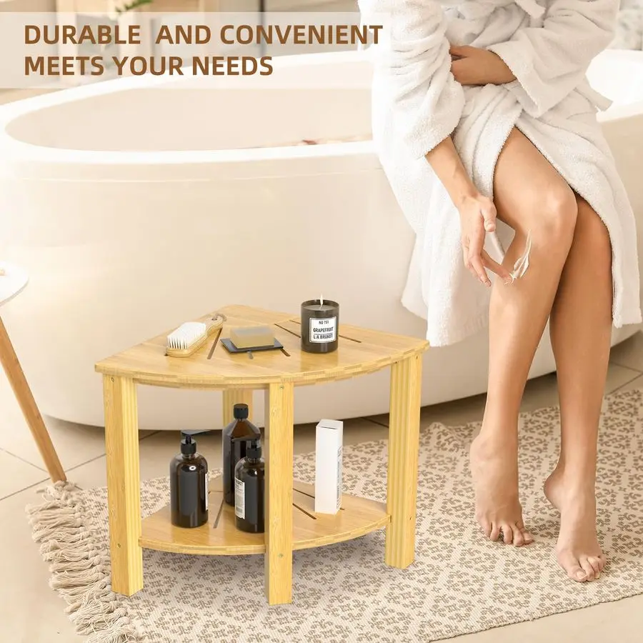 Bamboo Shower Stool Bench Corner Design with Storage Shelf Waterproof Shower Table for Spa Bath Seat in Bathroom or Inside Showe