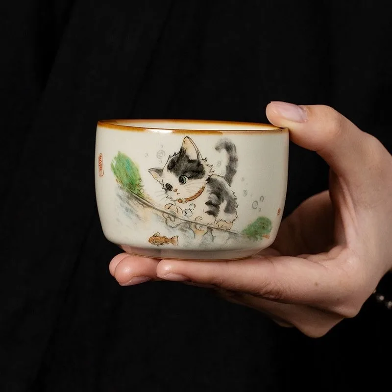 Ru Kiln Cat Owner Cup Premium Personal Kung Fu Tea Cup, Single Custom Tea Tasting Cup for Tea Lovers, Unique Gift