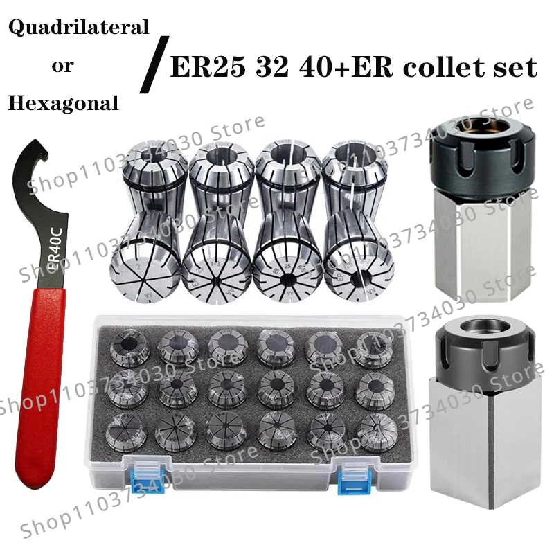 

Square ER25 ER32 ER40 Hard Steel Hexagonal ER Chuck Holder+ER25 ER32 ER40 Chuck Set+ER Wrench ER Spring Collet Chuck CNC Milling