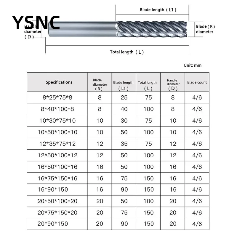 HRC65 6 flute carbide end mill 6 tooth tungsten steel mill 6 8 10 12 16 mm 60L 75 100 150L long CNC finishing milling cutter
