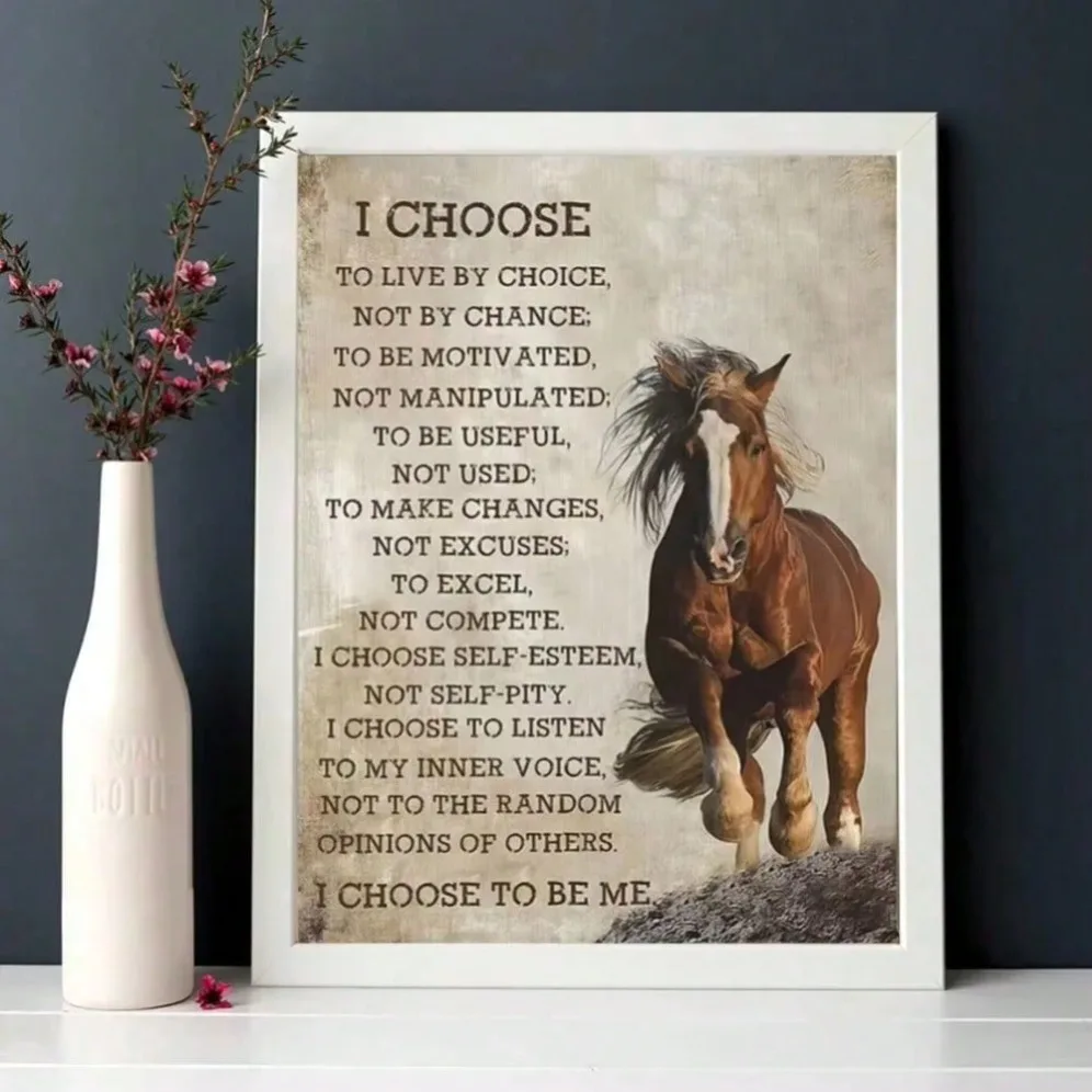 

Vintage Horse Illustration Round Metal Sign Inspirational Brown Wall Art for Home Office Cafe Decor