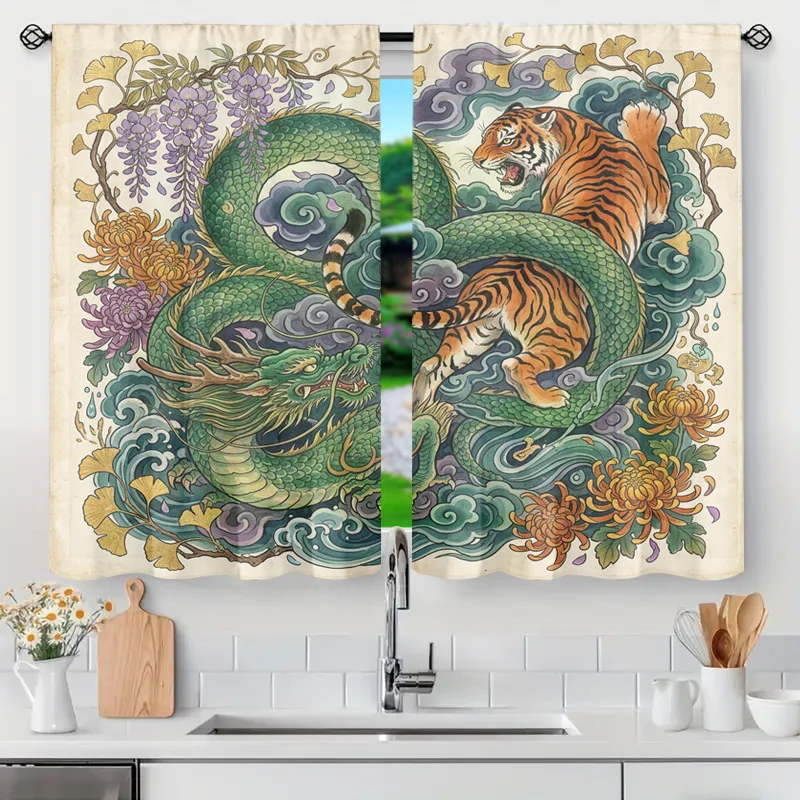 Luxurious Asian Dragon Tiger Mural Curtains Window Decor Tapestry Panel Home Accent Drapery Chinoiserie Art Style